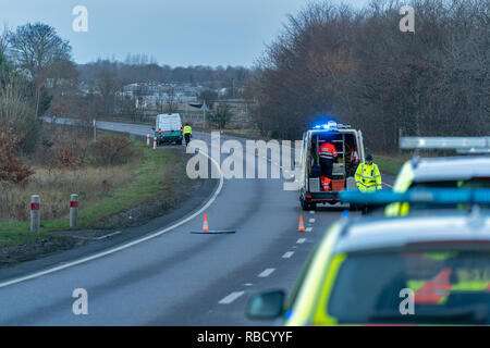 A96 près de Elite Christies pépinière, Forres, UK. 7 janvier, 2019. Bogton RTC fatale Road, Forres - MISE À JOUR L'Écosse de la police peut confirmer que l'homme qui est mort à la suite de la piétonne une collision de véhicule à environ 7.20am le lundi 7 janvier, 2019 sur l'A96 près de by-pass de Forres Christies de pépinière de l'Élite est de 58 ans Paul Bell, de la région de Forres. Toute personne disposant d'information qui n'a pas encore venu de l'avant devrait communiquer avec la police sur l'Ecosse en utilisant le numéro de référence 101 PS-20190107-0456. Credit : JASPERIMAGE/Alamy Live News Banque D'Images