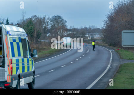 A96 près de Elite Christies pépinière, Forres, UK. 7 janvier, 2019. Bogton RTC fatale Road, Forres - MISE À JOUR L'Écosse de la police peut confirmer que l'homme qui est mort à la suite de la piétonne une collision de véhicule à environ 7.20am le lundi 7 janvier, 2019 sur l'A96 près de by-pass de Forres Christies de pépinière de l'Élite est de 58 ans Paul Bell, de la région de Forres. Toute personne disposant d'information qui n'a pas encore venu de l'avant devrait communiquer avec la police sur l'Ecosse en utilisant le numéro de référence 101 PS-20190107-0456. Credit : JASPERIMAGE/Alamy Live News Banque D'Images