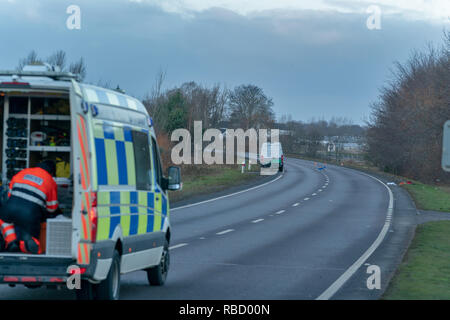 A96 près de Elite Christies pépinière, Forres, UK. 7 janvier, 2019. Bogton RTC fatale Road, Forres - MISE À JOUR L'Écosse de la police peut confirmer que l'homme qui est mort à la suite de la piétonne une collision de véhicule à environ 7.20am le lundi 7 janvier, 2019 sur l'A96 près de by-pass de Forres Christies de pépinière de l'Élite est de 58 ans Paul Bell, de la région de Forres. Toute personne disposant d'information qui n'a pas encore venu de l'avant devrait communiquer avec la police sur l'Ecosse en utilisant le numéro de référence 101 PS-20190107-0456. Credit : JASPERIMAGE/Alamy Live News Banque D'Images