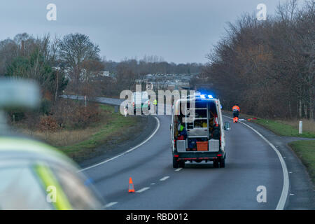 A96 près de Elite Christies pépinière, Forres, UK. 7 janvier, 2019. Bogton RTC fatale Road, Forres - MISE À JOUR L'Écosse de la police peut confirmer que l'homme qui est mort à la suite de la piétonne une collision de véhicule à environ 7.20am le lundi 7 janvier, 2019 sur l'A96 près de by-pass de Forres Christies de pépinière de l'Élite est de 58 ans Paul Bell, de la région de Forres. Toute personne disposant d'information qui n'a pas encore venu de l'avant devrait communiquer avec la police sur l'Ecosse en utilisant le numéro de référence 101 PS-20190107-0456. Credit : JASPERIMAGE/Alamy Live News Banque D'Images