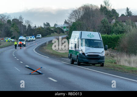 A96 près de Elite Christies pépinière, Forres, UK. 7 janvier, 2019. Bogton RTC fatale Road, Forres - MISE À JOUR L'Écosse de la police peut confirmer que l'homme qui est mort à la suite de la piétonne une collision de véhicule à environ 7.20am le lundi 7 janvier, 2019 sur l'A96 près de by-pass de Forres Christies de pépinière de l'Élite est de 58 ans Paul Bell, de la région de Forres. Toute personne disposant d'information qui n'a pas encore venu de l'avant devrait communiquer avec la police sur l'Ecosse en utilisant le numéro de référence 101 PS-20190107-0456. Credit : JASPERIMAGE/Alamy Live News Banque D'Images