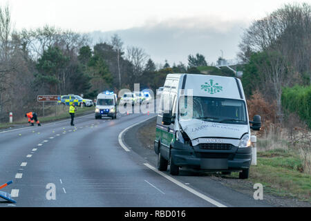 A96 près de Elite Christies pépinière, Forres, UK. 7 janvier, 2019. Bogton RTC fatale Road, Forres - MISE À JOUR L'Écosse de la police peut confirmer que l'homme qui est mort à la suite de la piétonne une collision de véhicule à environ 7.20am le lundi 7 janvier, 2019 sur l'A96 près de by-pass de Forres Christies de pépinière de l'Élite est de 58 ans Paul Bell, de la région de Forres. Toute personne disposant d'information qui n'a pas encore venu de l'avant devrait communiquer avec la police sur l'Ecosse en utilisant le numéro de référence 101 PS-20190107-0456. Credit : JASPERIMAGE/Alamy Live News Banque D'Images