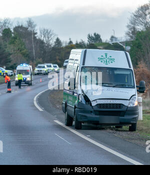 A96 près de Elite Christies pépinière, Forres, UK. 7 janvier, 2019. Bogton RTC fatale Road, Forres - MISE À JOUR L'Écosse de la police peut confirmer que l'homme qui est mort à la suite de la piétonne une collision de véhicule à environ 7.20am le lundi 7 janvier, 2019 sur l'A96 près de by-pass de Forres Christies de pépinière de l'Élite est de 58 ans Paul Bell, de la région de Forres. Toute personne disposant d'information qui n'a pas encore venu de l'avant devrait communiquer avec la police sur l'Ecosse en utilisant le numéro de référence 101 PS-20190107-0456. Credit : JASPERIMAGE/Alamy Live News Banque D'Images