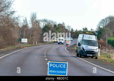 A96 près de Elite Christies pépinière, Forres, UK. 7 janvier, 2019. Bogton RTC fatale Road, Forres - MISE À JOUR L'Écosse de la police peut confirmer que l'homme qui est mort à la suite de la piétonne une collision de véhicule à environ 7.20am le lundi 7 janvier, 2019 sur l'A96 près de by-pass de Forres Christies de pépinière de l'Élite est de 58 ans Paul Bell, de la région de Forres. Toute personne disposant d'information qui n'a pas encore venu de l'avant devrait communiquer avec la police sur l'Ecosse en utilisant le numéro de référence 101 PS-20190107-0456. Credit : JASPERIMAGE/Alamy Live News Banque D'Images