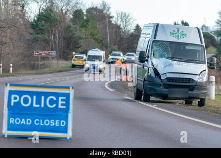 A96 près de Elite Christies pépinière, Forres, UK. 7 janvier, 2019. Bogton RTC fatale Road, Forres - MISE À JOUR L'Écosse de la police peut confirmer que l'homme qui est mort à la suite de la piétonne une collision de véhicule à environ 7.20am le lundi 7 janvier, 2019 sur l'A96 près de by-pass de Forres Christies de pépinière de l'Élite est de 58 ans Paul Bell, de la région de Forres. Toute personne disposant d'information qui n'a pas encore venu de l'avant devrait communiquer avec la police sur l'Ecosse en utilisant le numéro de référence 101 PS-20190107-0456. Credit : JASPERIMAGE/Alamy Live News Banque D'Images