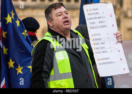 Londres, Royaume-Uni. Jan 9, 2019. Une activiste du groupe pro-Brexit jaune UK antagonise les militants pro-UE de SODEM (Stand de Défi Mouvement européen) lors de manifestations rivales à l'extérieur du Parlement le premier jour du débat à la Chambre des communes le premier ministre Theresa May's projet Brexit accord de retrait. Credit : Mark Kerrison/Alamy Live News Banque D'Images