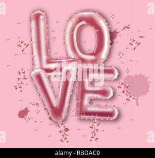 Love balloon texte brillant Vector réaliste. Carte de la Saint Valentin. Lettres 3d illustration détaillée. Couleur Rose Illustration de Vecteur