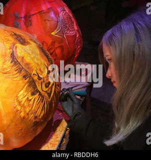 NEW YORK, USA : Rachael au travail carving Pennywise. Ces sculptures de grimaces dans la vedette des motifs complexes qui ont eu jusqu'à 16 heures de parfait sont sûr de vous mettre dans l'esprit d'Halloween. De superbes photos montrent comment l'artiste a sculpté une terrifiante Giger précis inspiré dans l'exotiques de fruits de saison, tandis que certains décrivent les citrouilles Ghost Busters et les sorcières d'Hocus Pocus. D'autres citrouilles ont été imprimés avec la carcasse du film à succès 2017, Thor : Ragnarok, Disney's Moana et de Star Wars Darth Vader' en face de l'Étoile de la mort. Le gouverneur de la série de zombies Walking Banque D'Images