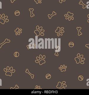 Paw imprime le chien et les os sur fond brun foncé modèle sans couture. Illustration de Vecteur