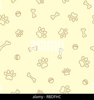 La patte imprime le chien et les os sur un motif sans couture de contour de fond jaune clair. Illustration de Vecteur