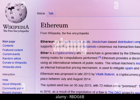 Site web de l'article Wikipedia pour l'Ethereum cryptocurrency Banque D'Images