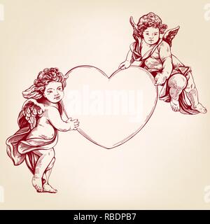 Anges ou cupidon, petit bébé est titulaire d'un coeur, Saint Valentin, amour, carte de souhaits hand drawn vector illustration croquis réalistes Illustration de Vecteur