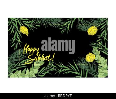 Souccot juive de l'arrière-plan. Arrière-plan de fête avec du texte écrit à la main, des branches de myrte, saule, palm, cédrat fruits. Vector illustration Illustration de Vecteur