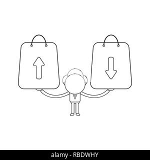 Vector illustration concept de caractère businessman holding shopping bags avec des flèches qui se déplacent vers le haut et vers le bas. Contour noir. Illustration de Vecteur