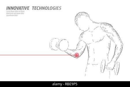 La formation de l'homme avec haltère blessure au coude. Zone rouge et douloureux de la médecine sportive polygonales concept abstrait. Culturisme forte douleur mal problème de remise en forme. Healthcare sportsman vector illustration Illustration de Vecteur