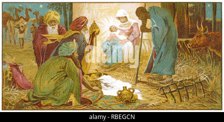 1893 victorienne sentimentale illustration d'une scène de la Nativité de Marie, Jésus, Joseph et les Rois Mages. Banque D'Images