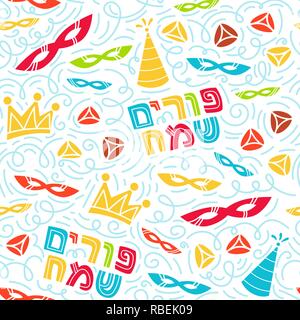 Modèle sans couture de Pourim avec masque de carnaval, des chapeaux, de la couronne, hamantaschen et texte hébreu Happy Purim. Coloful illustration vectorielle dans la main esquisses stiyle. Illustration de Vecteur