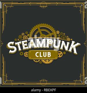 Conception de logo club golden Steampunk Victorian era rouages insignia vector affiche sur fond gris, idéal pour les bannières ou invitation à une fête Illustration de Vecteur