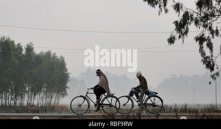 Jammu, Cachemire. 10 janvier, 2019. Les gens de la bicyclette au milieu du brouillard du matin au Jammu, capitale d'hiver du cachemire, 10 janvier 2019. Credit : Stringer/Xinhua/Alamy Live News Banque D'Images