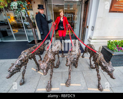 Londres, Royaume-Uni. 10 janvier 2019. Clare Trenchard lifesize du loup de bronze (£20 000 de chaque galerie haut en couleurs) - Le Mayfair Antiques & Fine Art Fair, London Marriott Hotel Grosvenor Square. Crédit : Guy Bell/Alamy Live News Banque D'Images