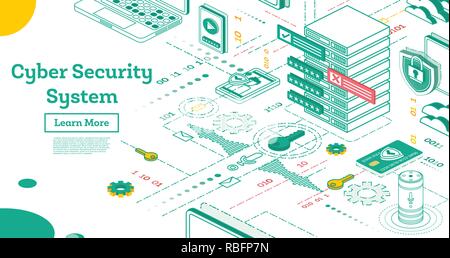 Contours Cyber Security Concept. Illustration isométrique isolé sur blanc. Concept de protection des données. Carte de Crédit Chèque et le logiciel Vector Illustration. Illustration de Vecteur