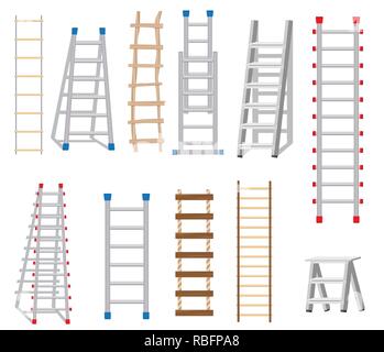 Définir les échelles Réalisées en différents matériaux : bois et métal. Échelle de corde. Vector Illustration. Illustration de Vecteur