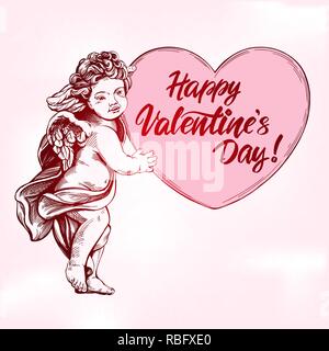 Ange ou cupidon, petit bébé est titulaire d'un coeur, Saint Valentin, amour, carte de souhaits hand drawn vector illustration croquis réalistes Illustration de Vecteur