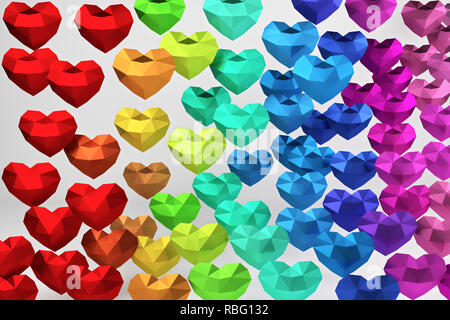 Le rendu 3D. De nombreux coeurs, polygonale multicolores Valentines Day Banque D'Images