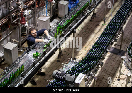 Obernai (nord-est de la France) : brasserie Kronenbourg,Obernai (nord-est de la France). 2015/05/27. Ligne d'embouteillage de bouteilles en verre dans le 'K2' Banque D'Images