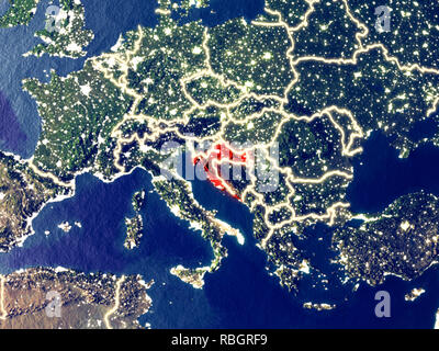 La Croatie à partir de l'espace sur Terre pendant la nuit. Des détails très fins de la surface de la planète en plastique avec des lumières de la ville. 3D illustration. Éléments de cette image Banque D'Images