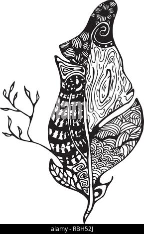 Illustration avec plume stylisée avec des modèles naturels de plumes et de woody. Illustration de Vecteur