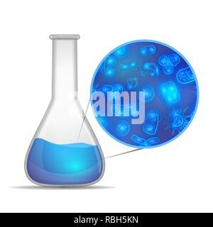 La composition de l'eau infographie. Ballon avec chimique réaliste brillant fond bleu avec un bon nombre de bactéries et des virus isolated on white Illustration de Vecteur