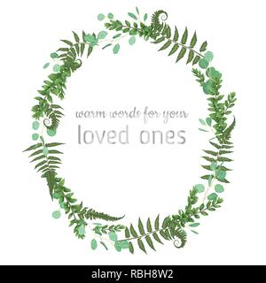 Beau cadre verdoyant couronne de l'eucalyptus, fern et branches de buis isolé sur blanc. Pour les invitations de mariage, vignettes, cartes postales, affiches, label Illustration de Vecteur