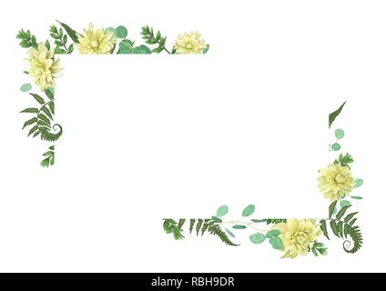 Carte vecteur fleurs de dahlia jaune aquarelle, eucalyptus, fougères, d'herbes, des forêts d'eucalyptus, de branches de buis, Buxus, vert botanique, décoratives hori Illustration de Vecteur