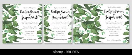 Carte vecteur floral design avec aquarelle verte, d'herbes, de feuilles d'eucalyptus, lys blanc, vert botanique, cadre décoratif, carré. Message d'accueil, postc mignon Illustration de Vecteur