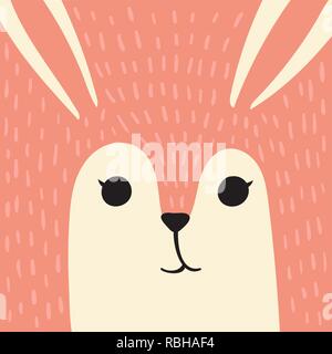 Cute cartoon animal lièvre lapin de Pâques portrait visage souriant avec tête d'animal rose carte avec copie espace vector illustration Illustration de Vecteur