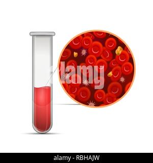 Tube à essai médical brillant rouge avec la composition du sang infographie avec les érythrocytes, les cellules de sang blanches, de cholestérol et de plasma isolated on white Illustration de Vecteur