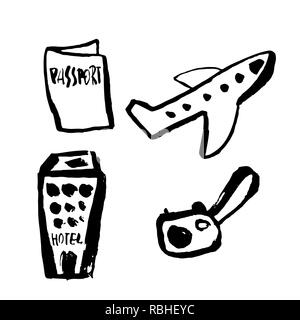 Grunge travel icons set. Hand drawn vector illustration. Illustration de Vecteur