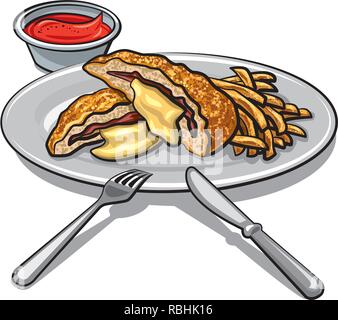 Illustration de l'escalope avec des frites sur une assiette avec la sauce tomate Illustration de Vecteur