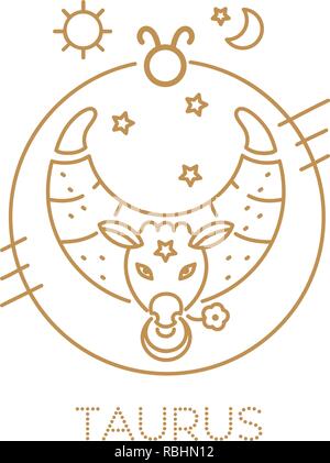 Vecteur taureau signe du zodiaque en cercles de couleur or sur fond blanc, logo, illustration ou de tatouage. Prévisions astrologiques, horoscope alimentaire Illustration de Vecteur