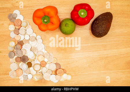 Pièces de monnaie du Royaume-Uni assis sur une table de cuisine avec deux poivrons, un tilleul et un avocat. Banque D'Images