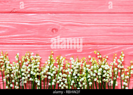 Arrière-plan de printemps, fleurs de muguet sur fond rose. Banque D'Images