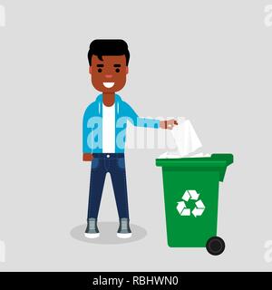 Young African American en jeans et sweat-shirt throwing paper dans la corbeille. Le recyclage du papier, tri, tri sélectif des déchets Déchets, eco friendly, concept Illustration de Vecteur