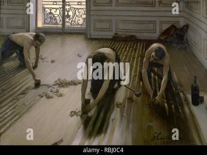 Les Raboteurs de parquet / le plancher des racloirs. Date/période : 1875. La peinture. Huile sur toile. Hauteur : 1 020 mm (40.15 in) ; largeur : 1 470 mm (57,87 po). Auteur : Gustave Caillebotte. Banque D'Images