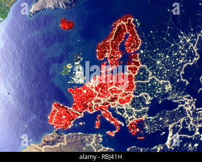 Les membres de l'espace Schengen à partir de l'espace sur Terre pendant la nuit. Des détails très fins de la surface de la planète en plastique avec des lumières de la ville. 3D illustration. Elements Banque D'Images