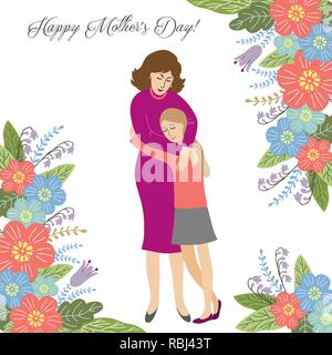 Happy mothers day, dessiner à main concept design, fille câlins maman entourée de fleurs et d'un texte sur un fond blanc, vector illustration Illustration de Vecteur