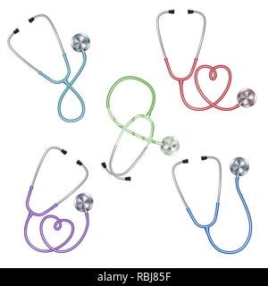 Ensemble de couleur différente de l'équipement médical, l'icône de stéthoscopes Illustration de Vecteur