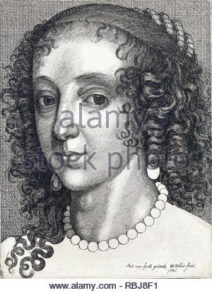 Henrietta Maria Henriette Marie de France, 1609 - 1669, est reine consort d'Angleterre, d'Écosse et d'Irlande en tant qu'épouse du roi Charles I, gravure d'aquafortiste de Bohême Venceslas Hollar de 1641 Banque D'Images