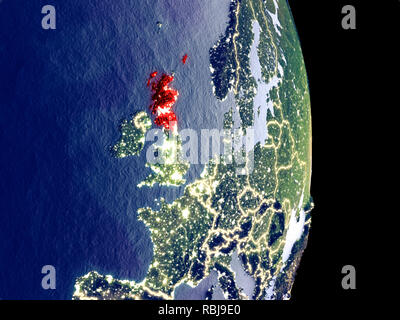 Vue de l'Écosse dans la nuit avec les lumières de la ville lumineuse visible. Détails extrêmement précis de la surface de la planète en plastique. 3D illustration. Éléments de Banque D'Images