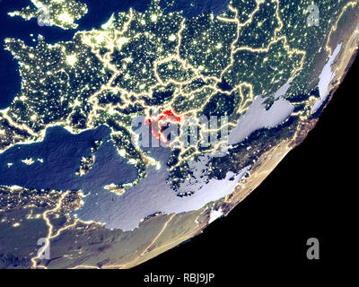 La Croatie à partir de l'espace sur le modèle de terre pendant la nuit. Des détails très fins de la surface de la planète et en plastique lumineux visibles les lumières de la ville. 3D illustration. Element Banque D'Images